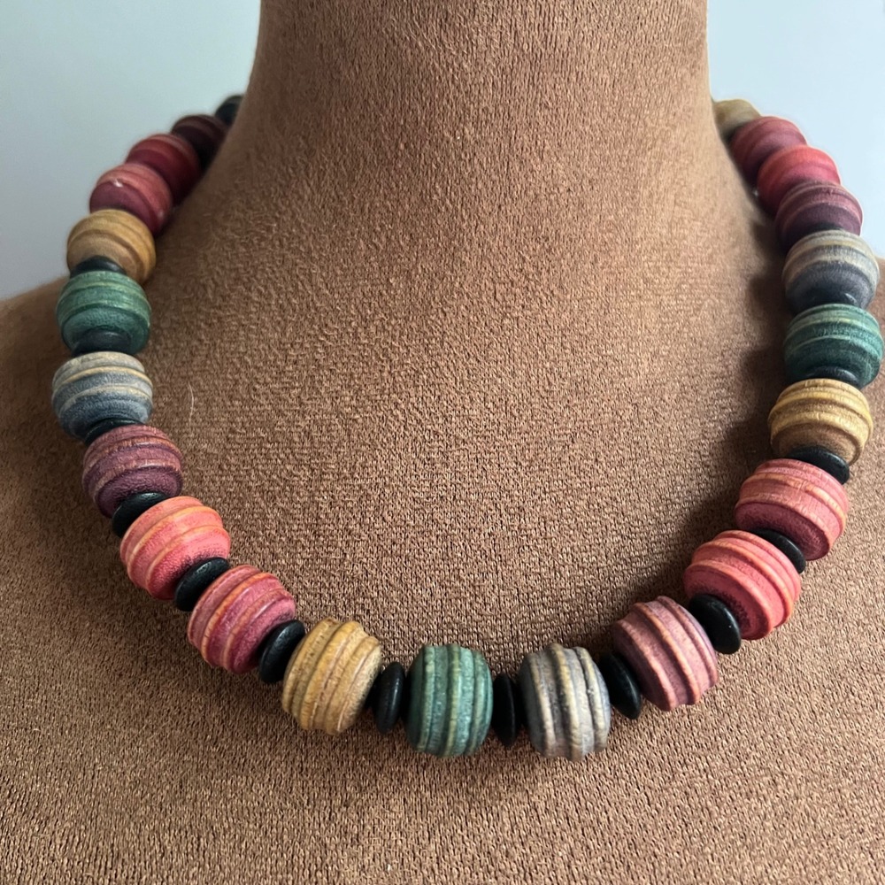 Vintage Multi Color Ribbed Wood Bead Chunky 20" Necklace Eclectic